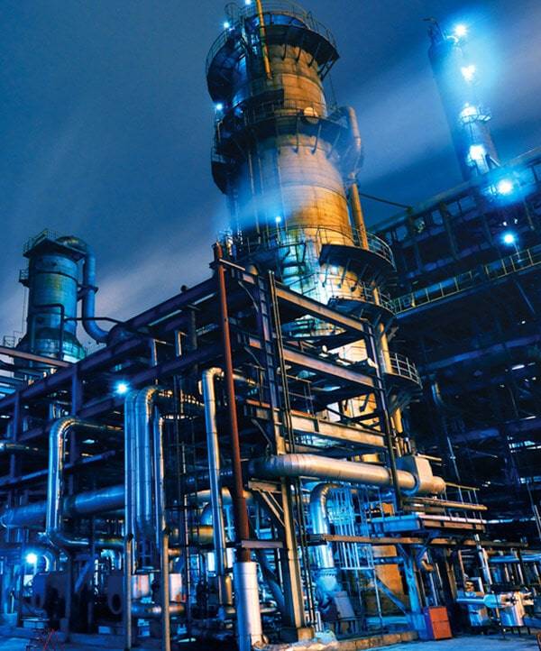 a factory with blue lights